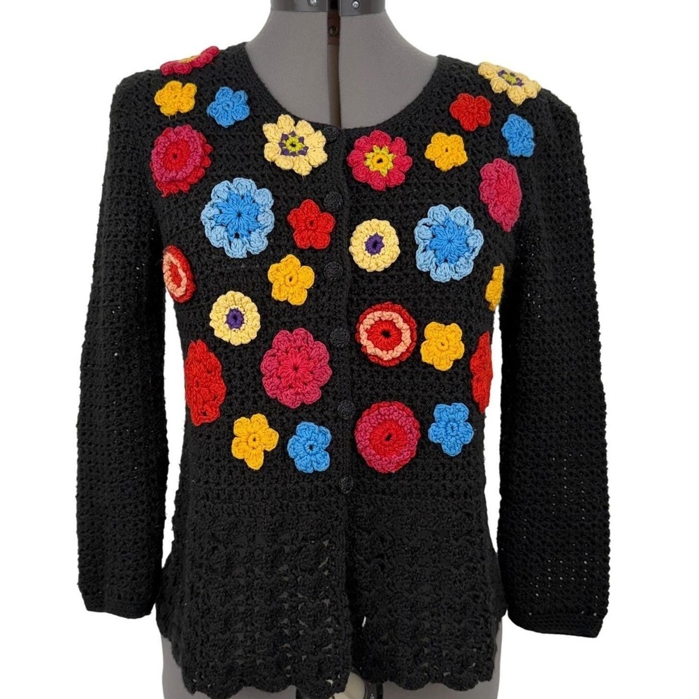 Vintage Crochet Cardigan Black Bright 3D Flower Grandmacore Art To Wear OOAK S/M